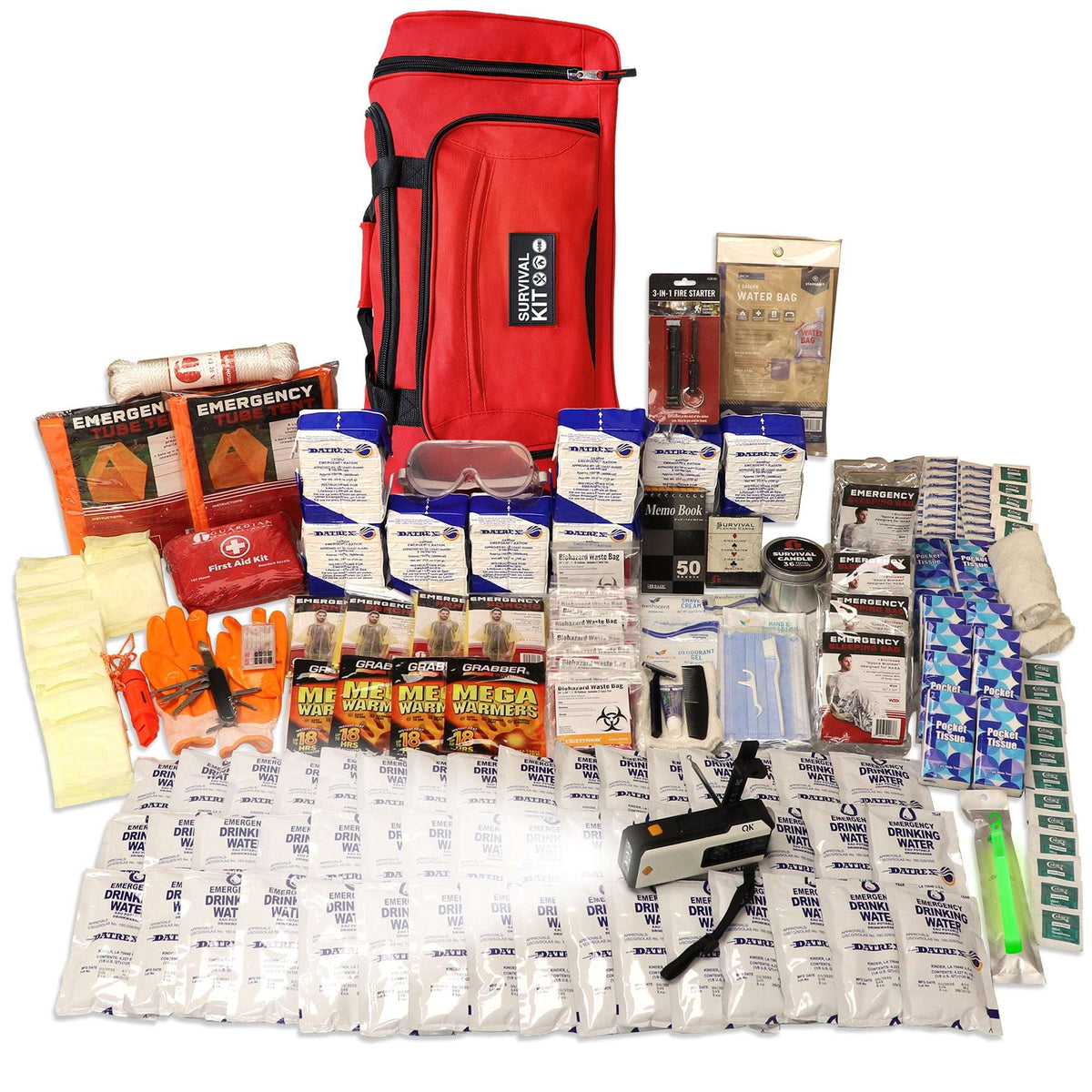 Red emergency survival kit duffel bag with emergency supplies, pouches, and first aid items