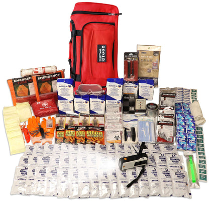 Red emergency survival kit duffel bag with emergency supplies, pouches, and first aid items