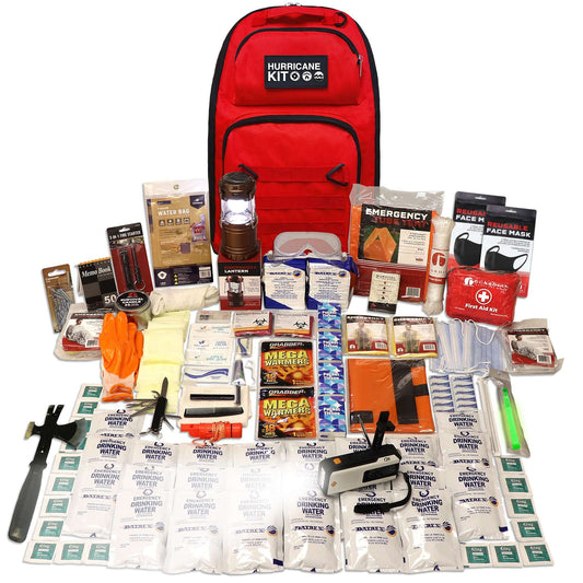 Red hurricane survival backpack with front pocket and 'HURRICANE KIT' patch