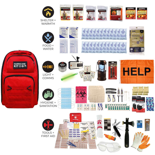 Red survival backpack and emergency supply items laid out for view