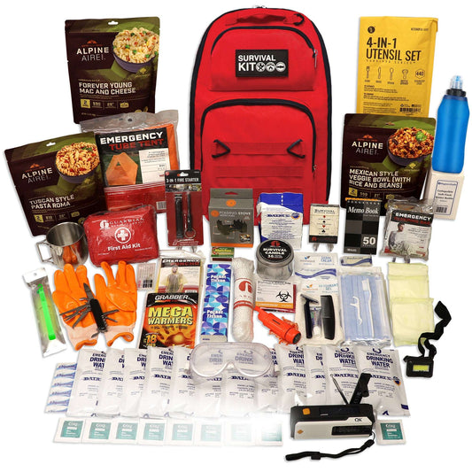 Red emergency survival kit backpack with assorted food, water, first aid, and tools