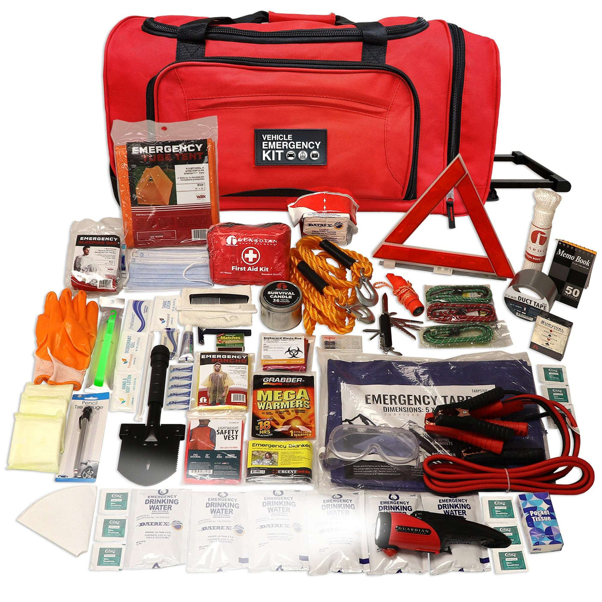 Red emergency kit duffel bag with black trim and triangle warning items