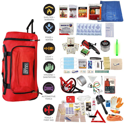 Red upright emergency kit bag with handle and assortment of safety essentials