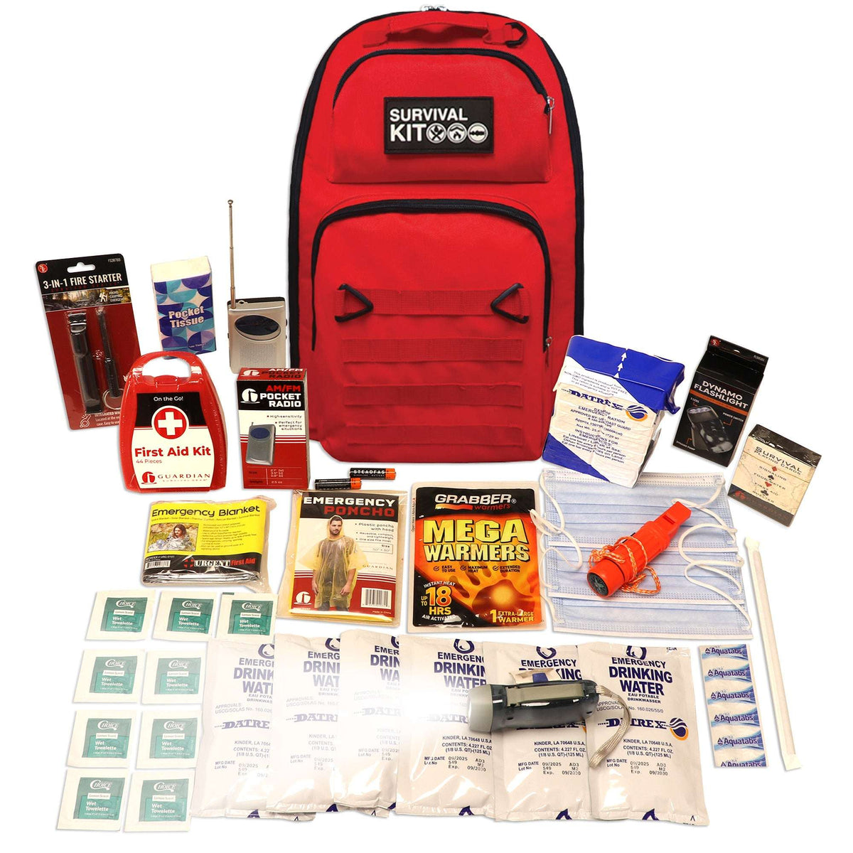 Red survival kit backpack with emergency supplies, water pouches, and warmers