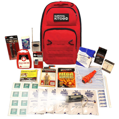 Red survival kit backpack with emergency supplies, water pouches, and warmers