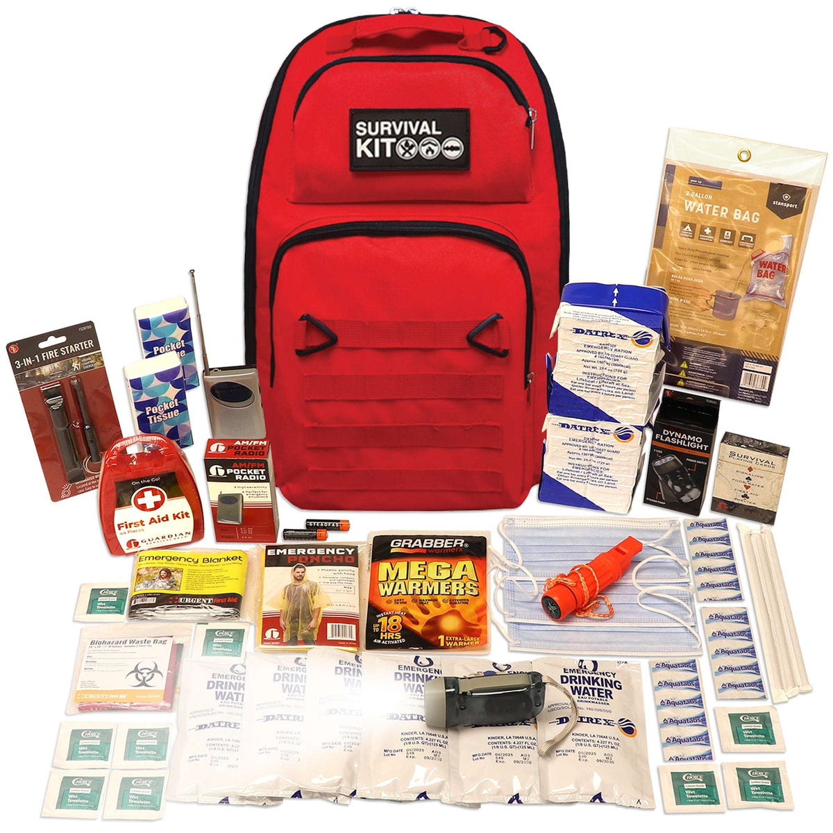 Red survival kit backpack with emergency water packs, warmers, first aid, and tools