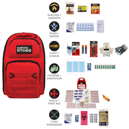Red survival kit backpack with supplies for shelter, food, light, hygiene, and first aid