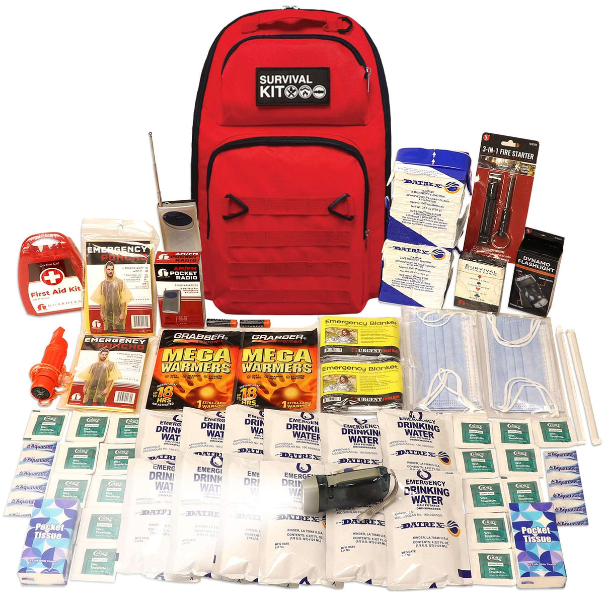 Red emergency survival kit backpack with water packets, mega warmers, and first aid items
