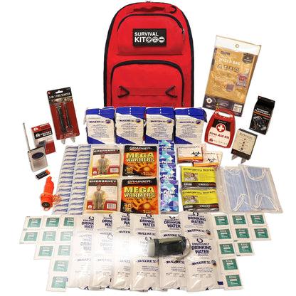 Red survival kit backpack surrounded by emergency water, warmers, and first aid accessories