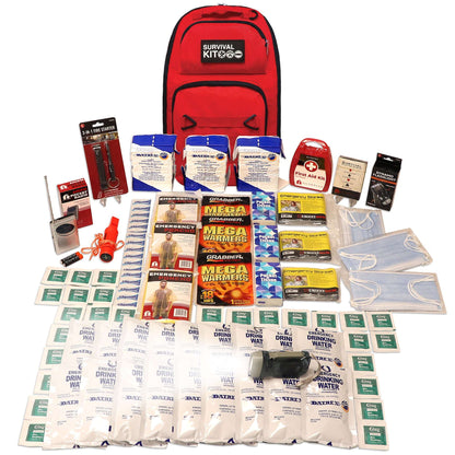 Red survival kit backpack with emergency water packets, warmers, mask, and first aid supplies