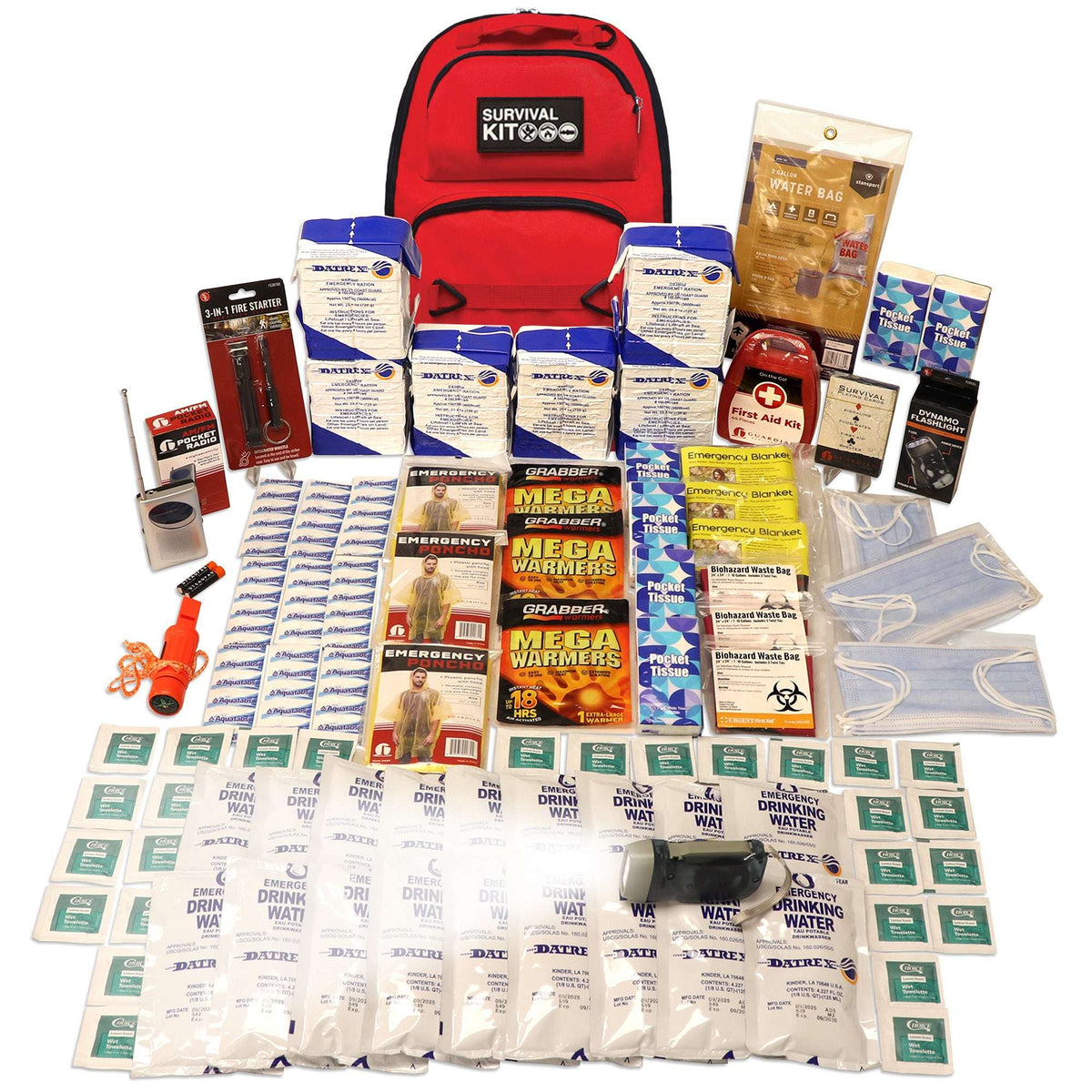 Red survival emergency go-bag backpack with medical, water, and food supplies