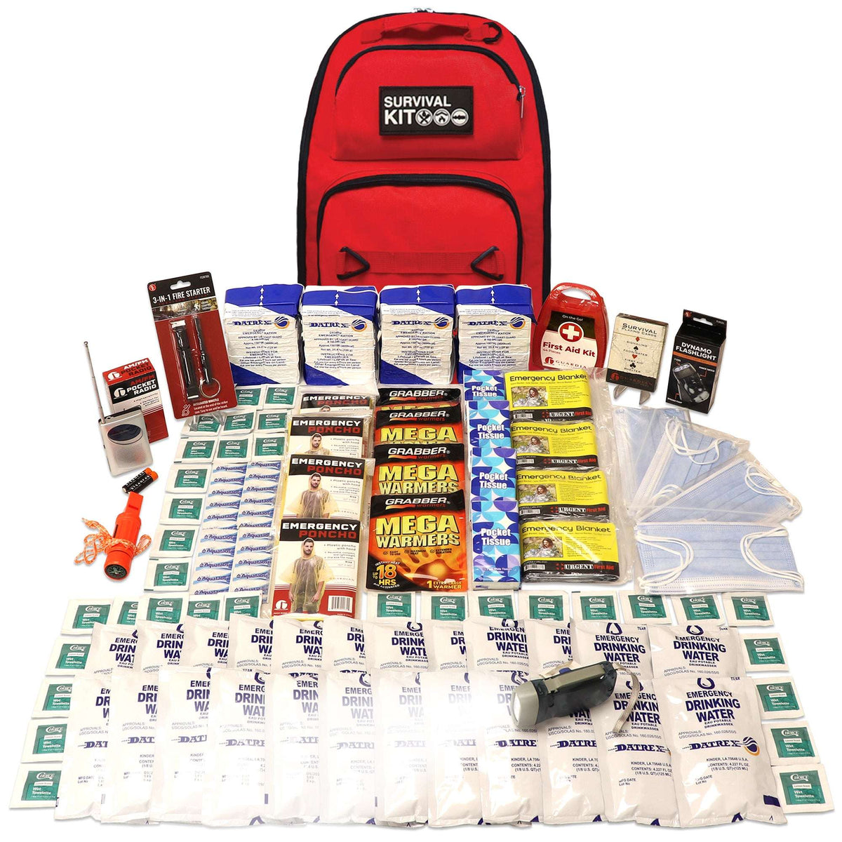 Red survival kit backpack with packaged water pouches, blankets, and emergency items