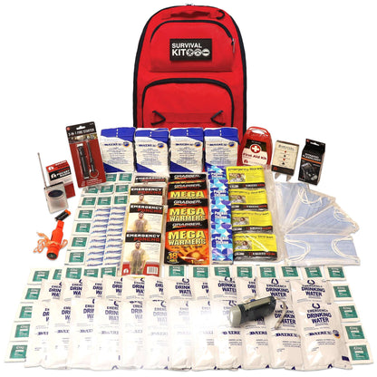 Red survival kit backpack with packaged water pouches, blankets, and emergency items