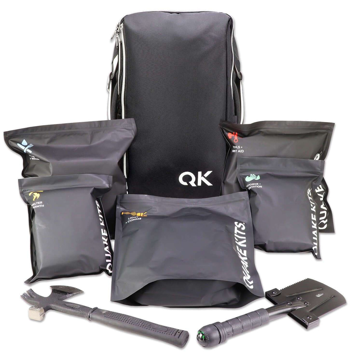 Stealth black survival kit backpack with front gear pouches and included tools