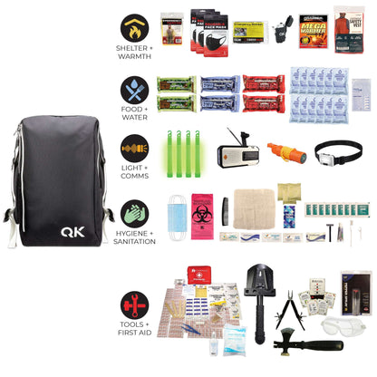 Stealth black survival kit backpack with grouped emergency items and accessories