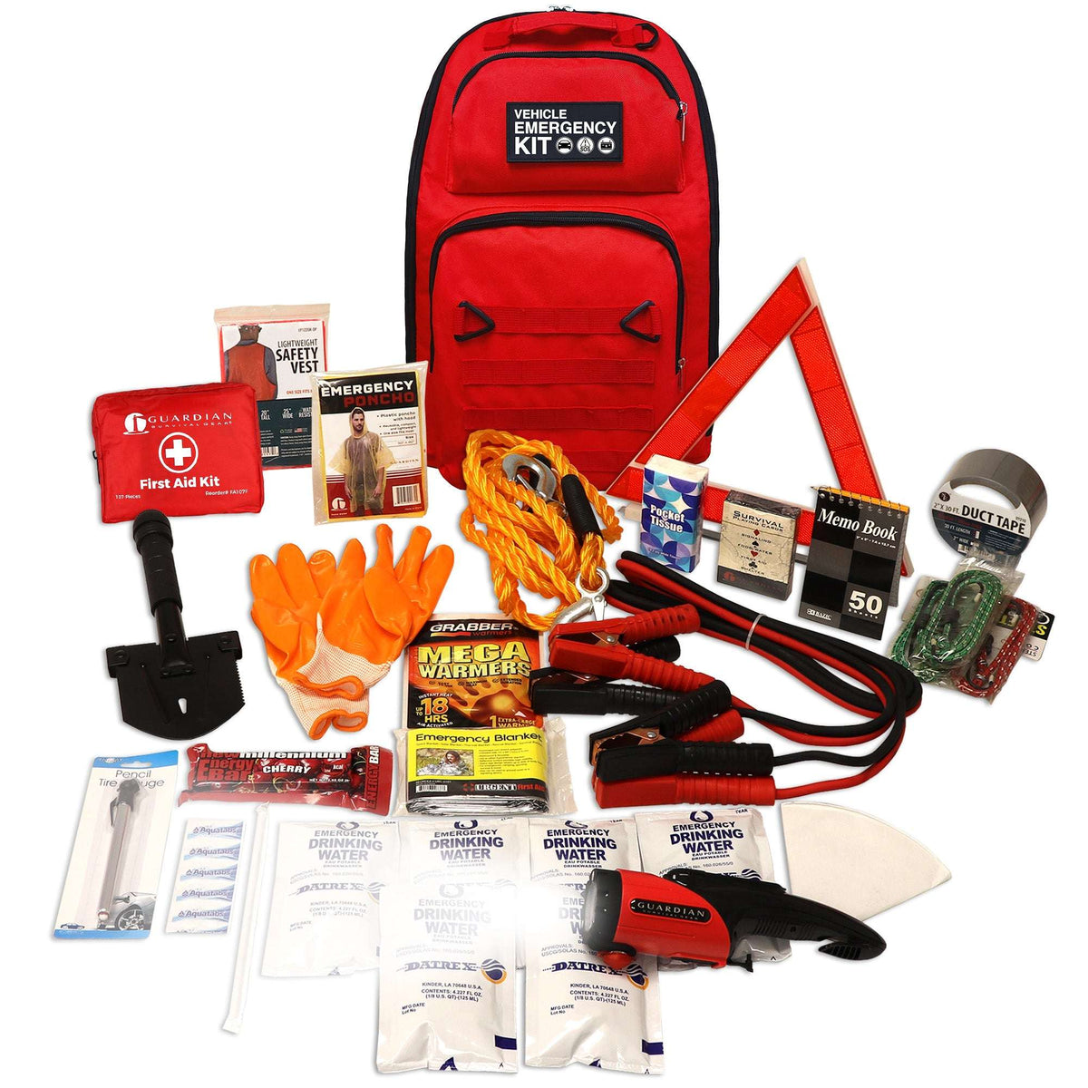 Red vehicle emergency kit backpack-style bag with emergency supplies laid out