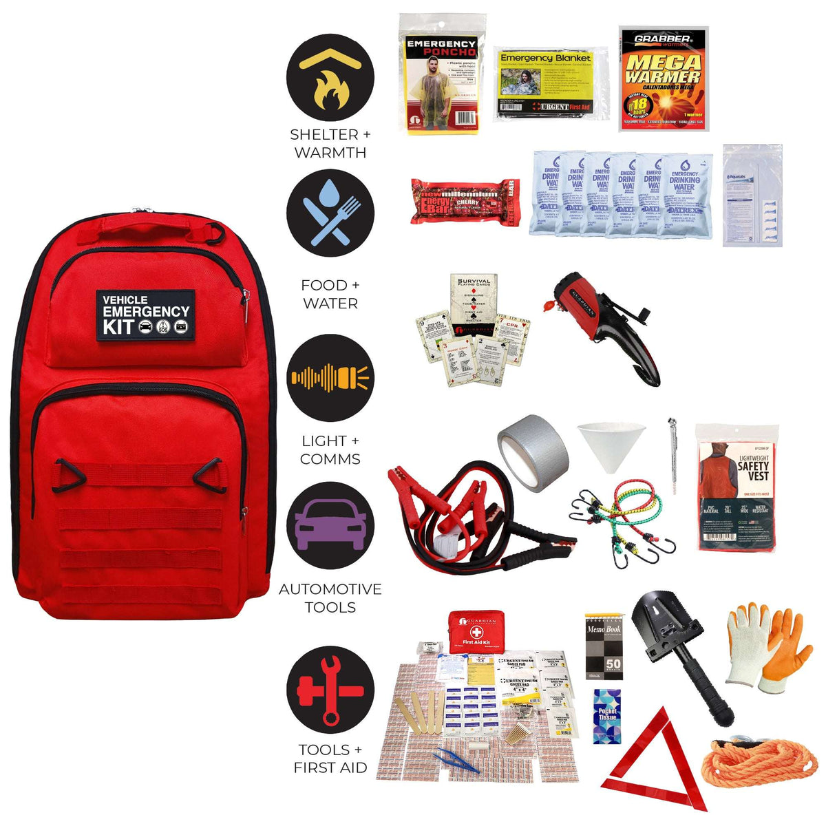 Red emergency kit backpack with label patches and visible roadside accessories