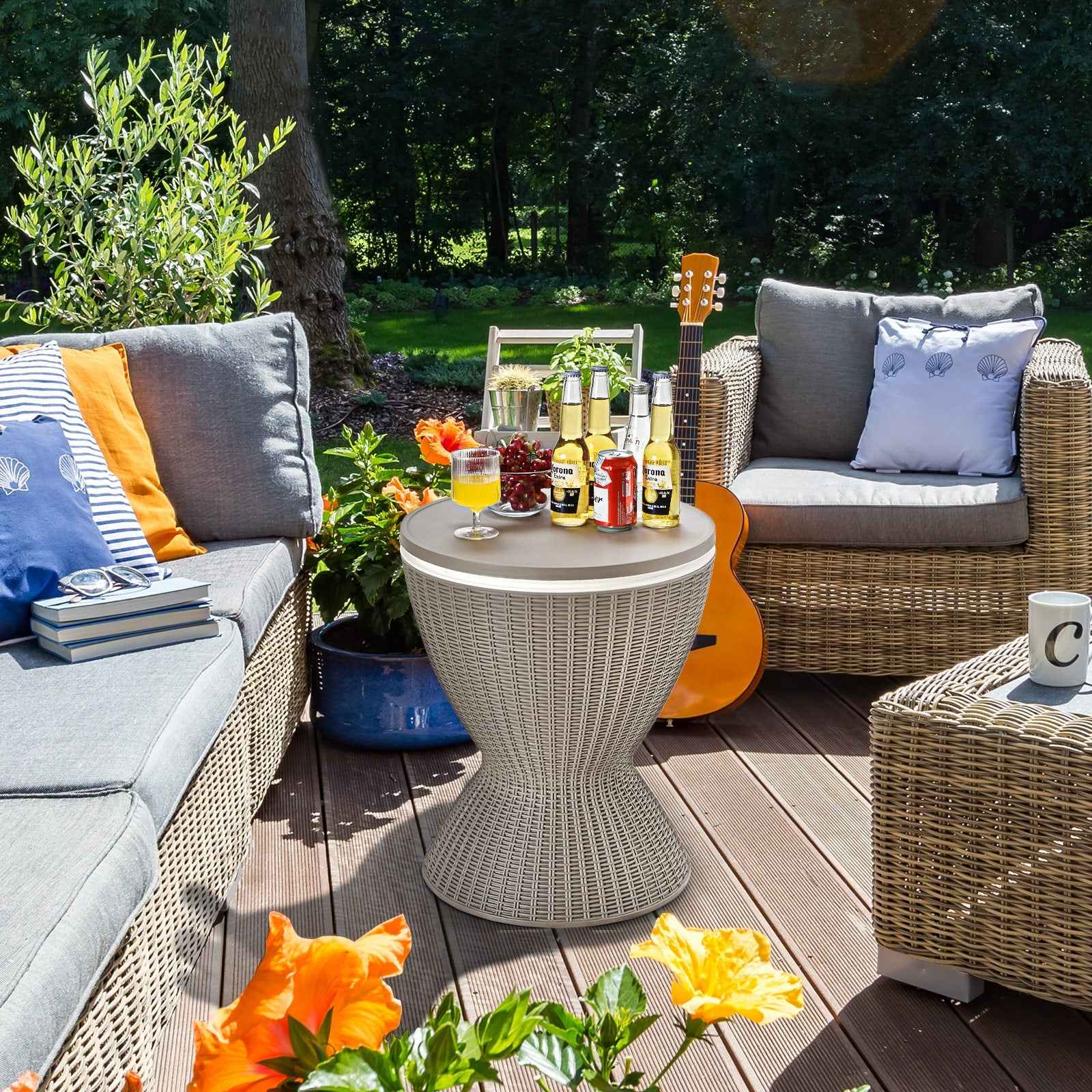 3-in-1 Rattan Cooler Bar Table with Adjustable Ice Bucket | 8 Gallon