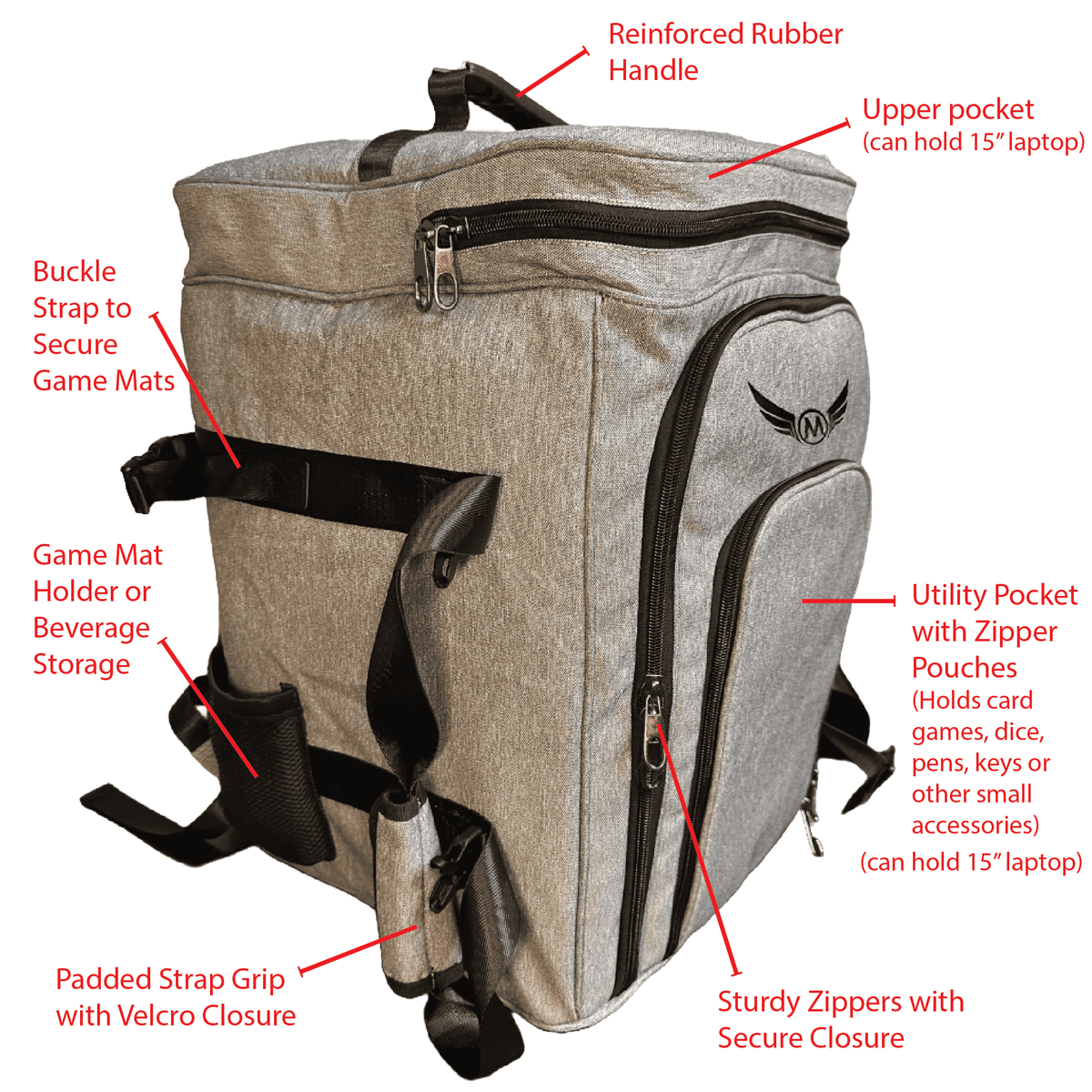 Heather grey padded board game bag with shoulder straps, front pockets, and buckles