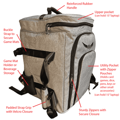 Heather grey padded board game bag with shoulder straps, front pockets, and buckles
