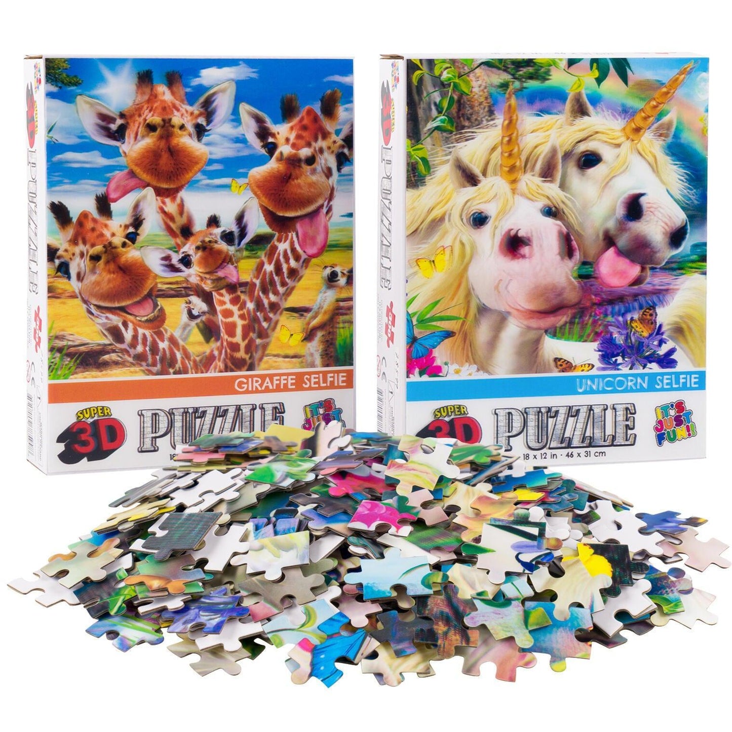 Giraffe & Unicorn Selfie 3D Lenticular Jigsaw Puzzle Set | 2 x 300 Pieces | 18"x12" | Ages 6+ - Niksstuff