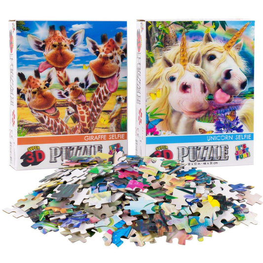 3D lenticular jigsaw puzzle set with giraffe and unicorn selfie artwork, loose puzzle pieces