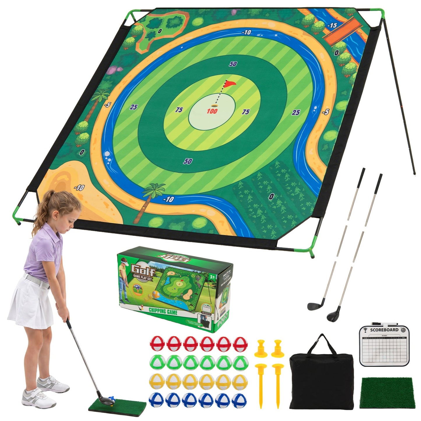 Golf Chipping Practice Set | 71” × 71” Mat + Stand | 2 Adjustable Clubs + 24 Sticky Balls | Indoor & Outdoor