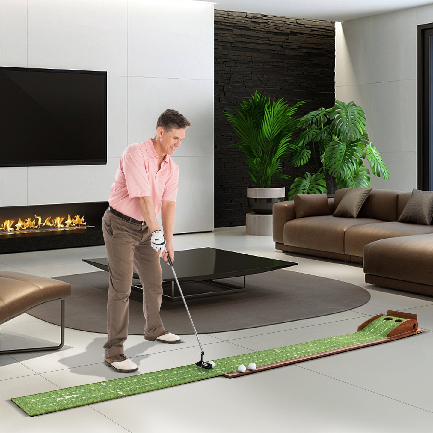 Golf Putting Mat with Auto Ball Return | 10 ft | 2 Hole Sizes | Nylon Surface | Includes 2–3 Balls