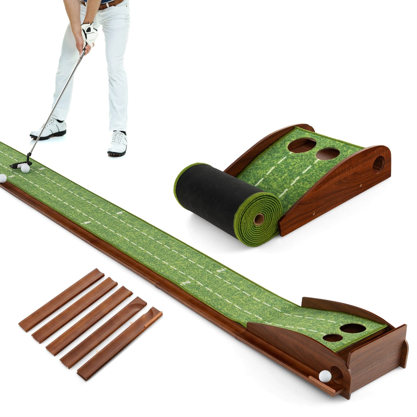 Golf Putting Mat with Auto Ball Return | 10 ft | 2 Hole Sizes | Nylon Surface | Includes 2–3 Balls