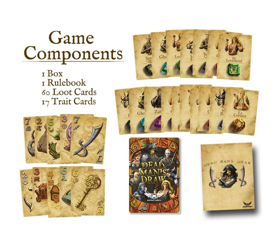 Game components spread with box, rulebook, loot cards, and trait cards