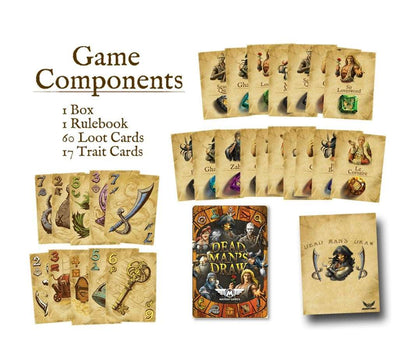 Game components spread with box, rulebook, loot cards, and trait cards
