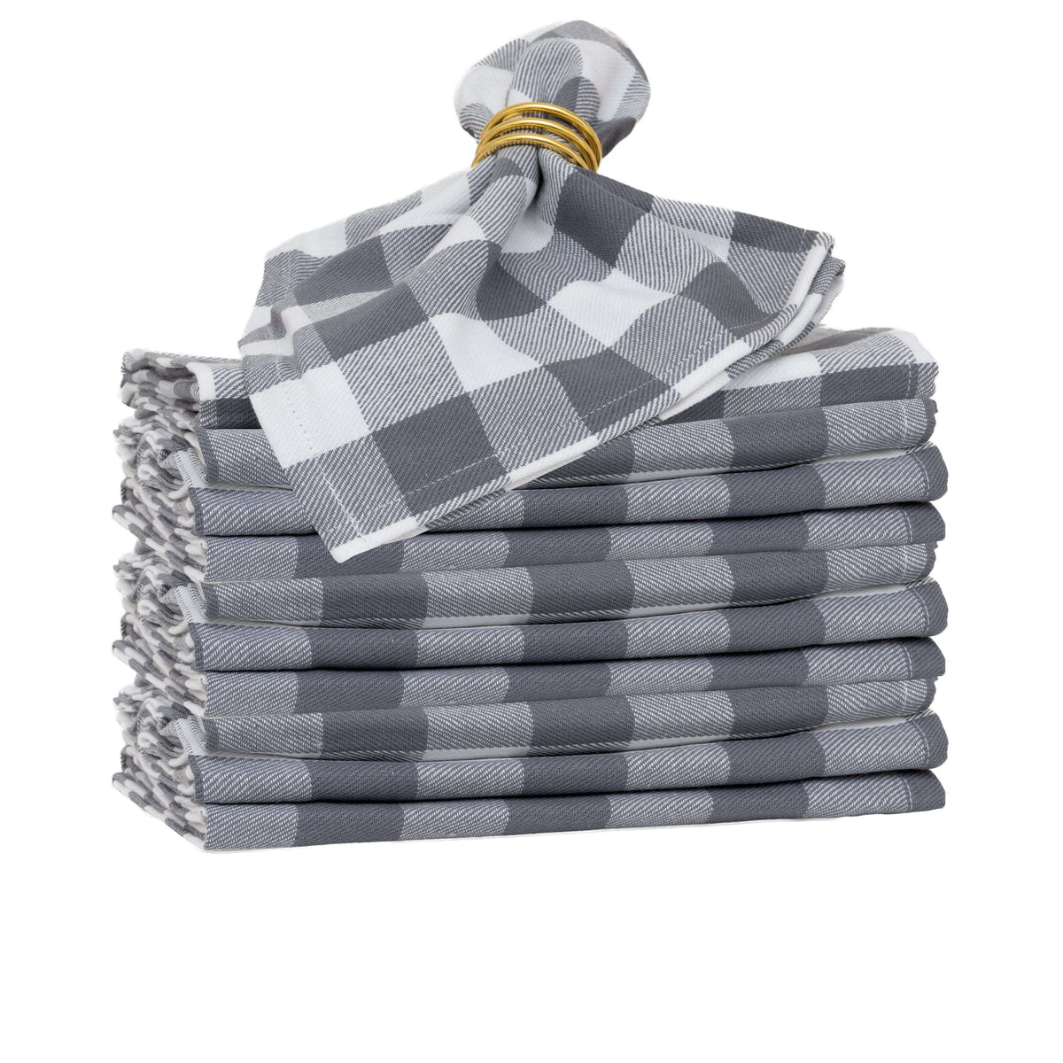 Gray and white plaid cotton dinner napkins, set of 12, folded stack