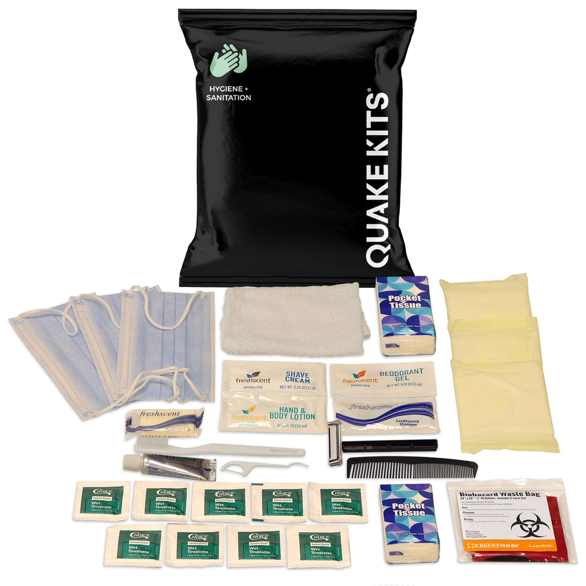 Quake Kits Emergency Hygiene Pack - 15-Piece Survival Set