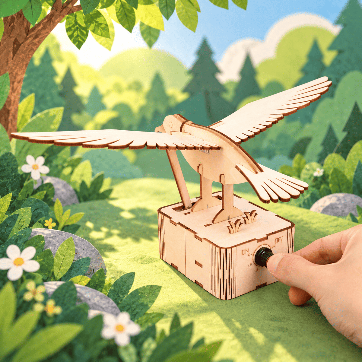 Wooden flapping bird model with hand turning the side crank control