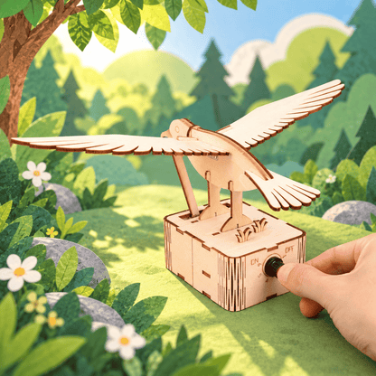 Wooden flapping bird model with hand turning the side crank control