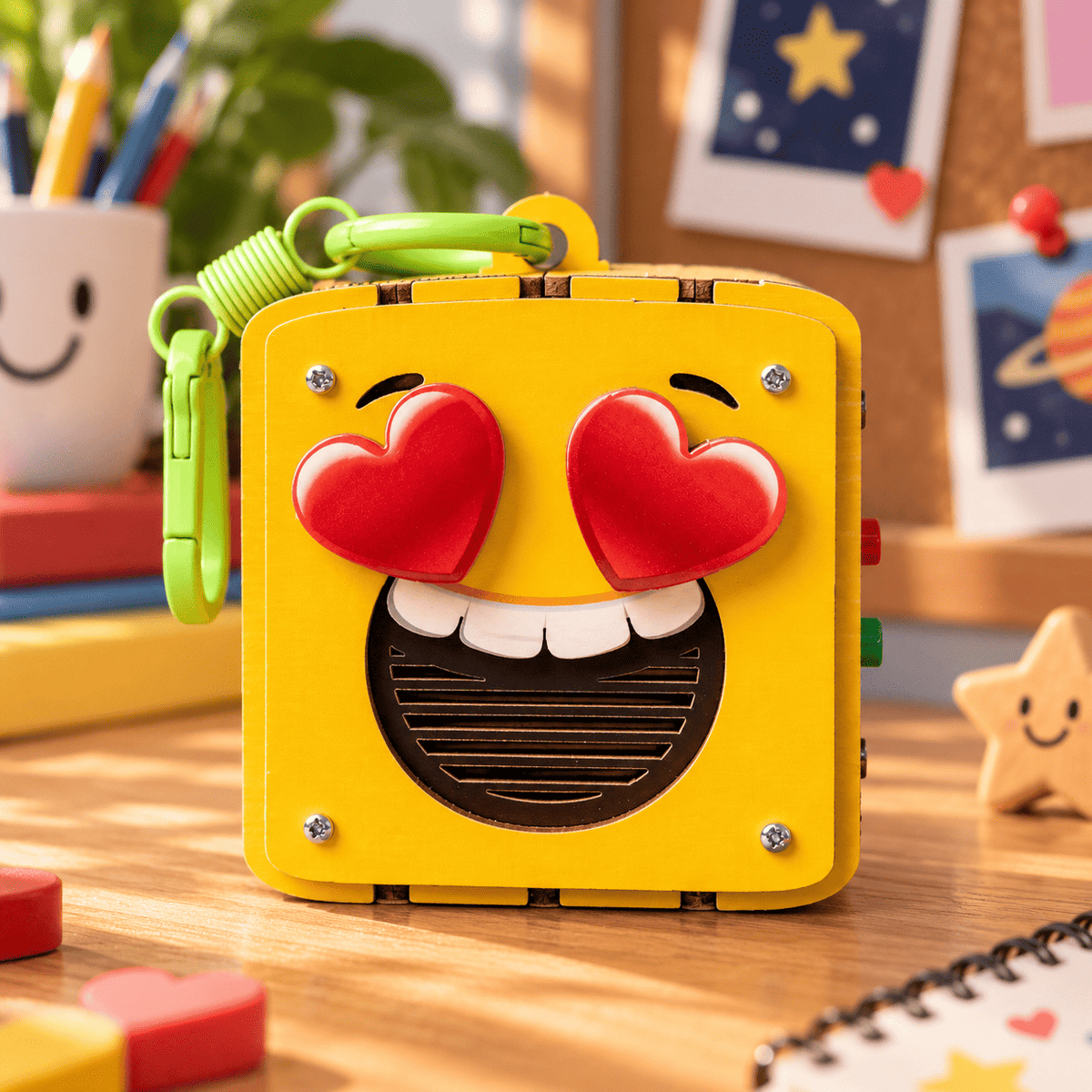 Yellow emoji voice recorder with heart eyes, red hearts, and green loop clip