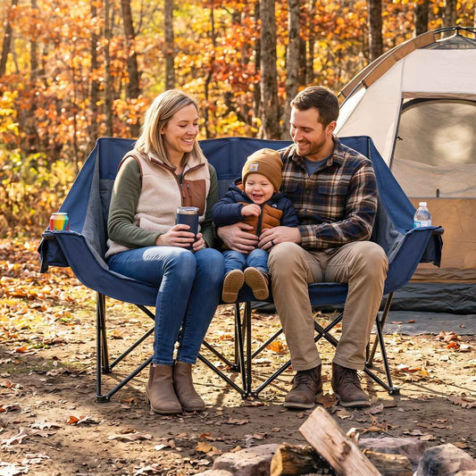 Heated double camping chair in navy, with arm rests and side pockets