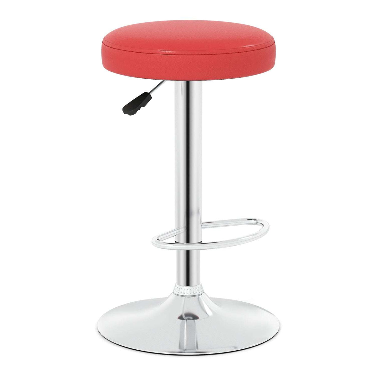 Red adjustable swivel bar stool with round padded seat, chrome footrest and pedestal base