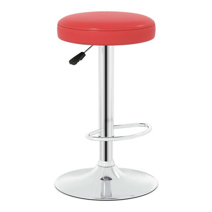 Red adjustable swivel bar stool with round padded seat, chrome footrest and pedestal base