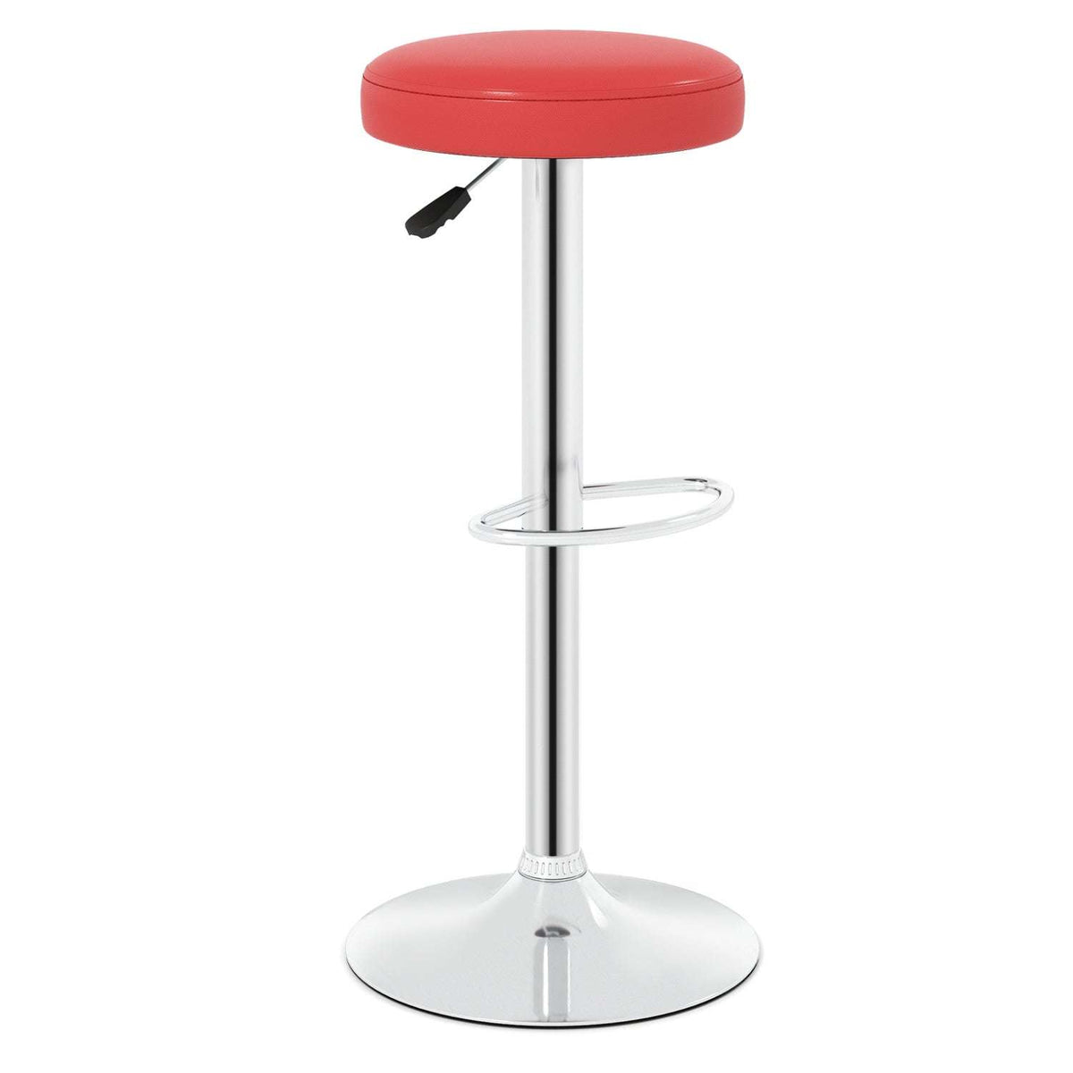 Red bar stool with adjustable chrome pedestal, circular footrest and wide base