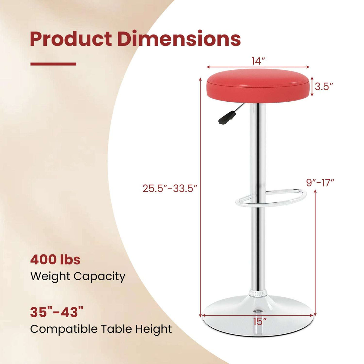 Red adjustable bar stool with dimension and weight capacity callouts