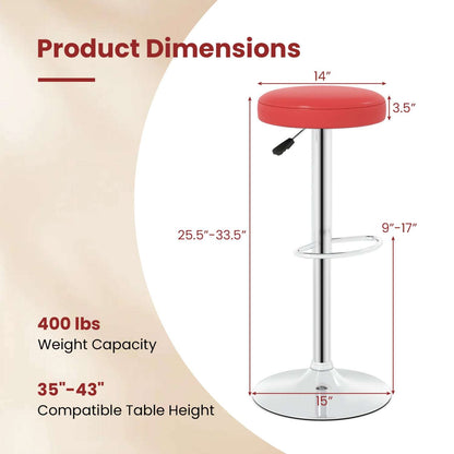 Red adjustable bar stool with dimension and weight capacity callouts