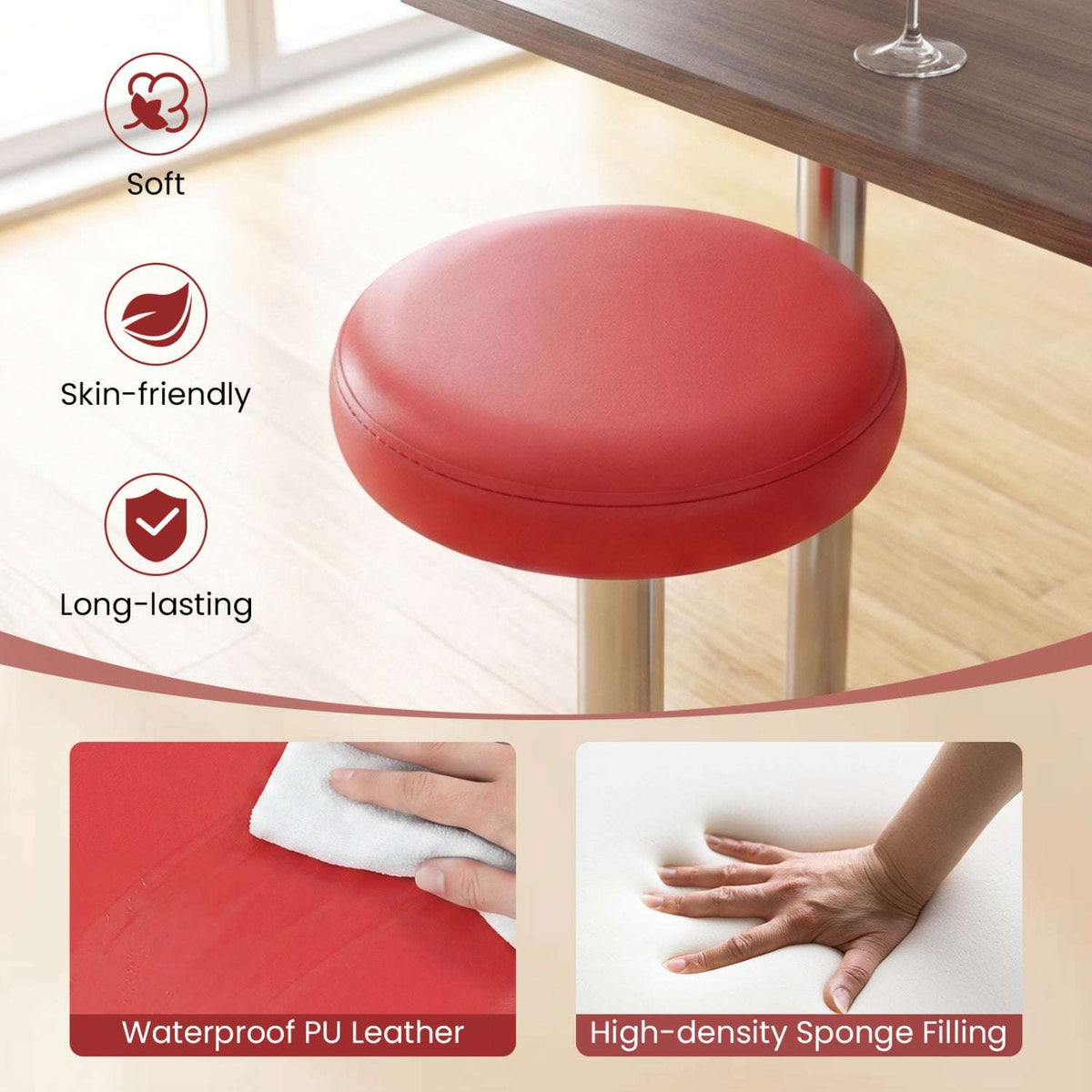 Close-up of red PU leather stool seat with padded cushioning