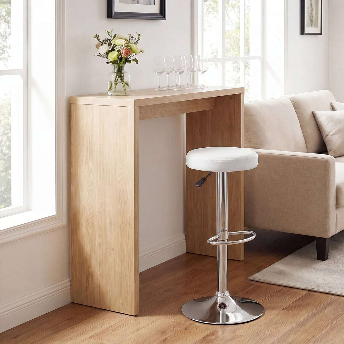 White adjustable swivel bar stool with chrome pedestal and circular footrest