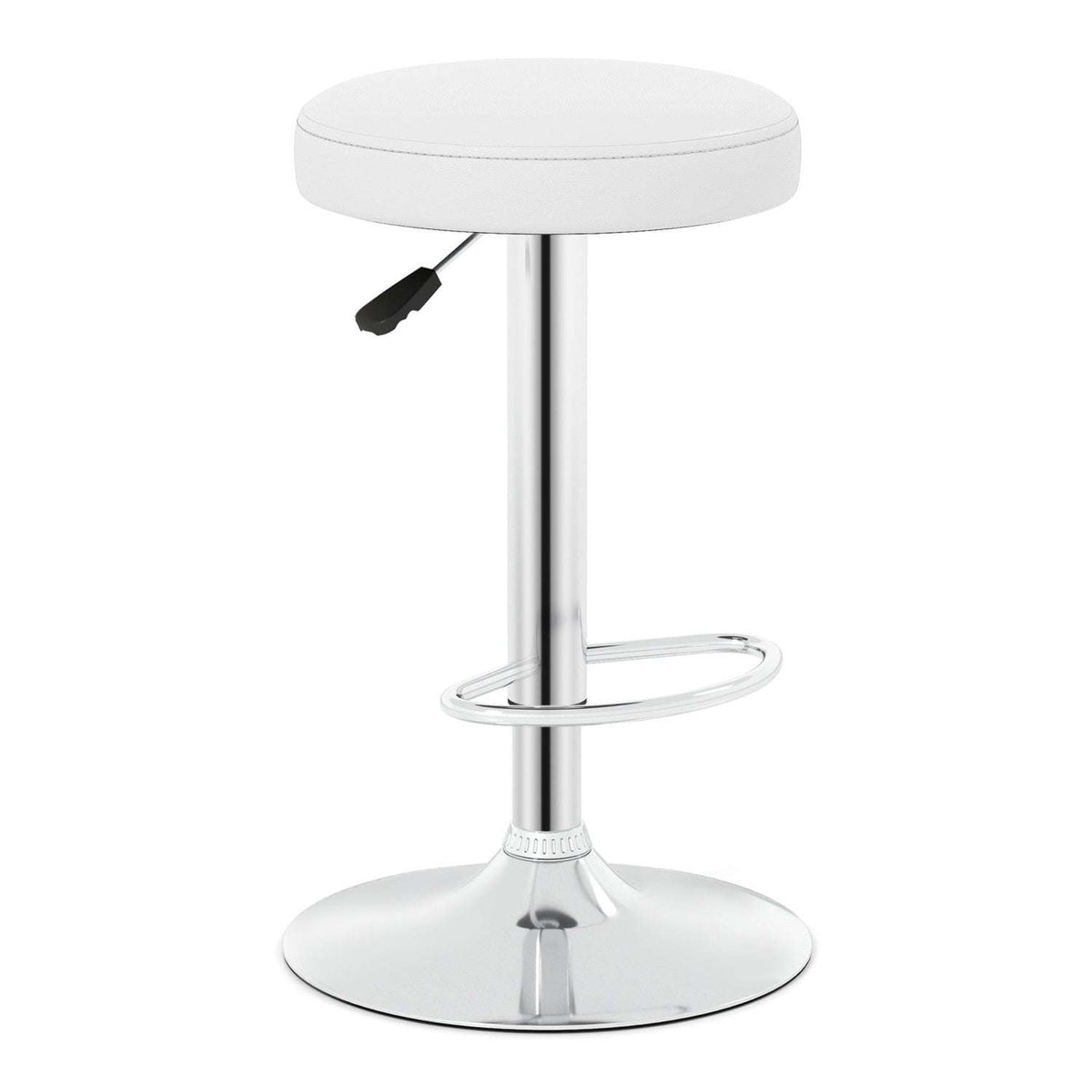 White adjustable swivel bar stool with round padded seat and chrome base