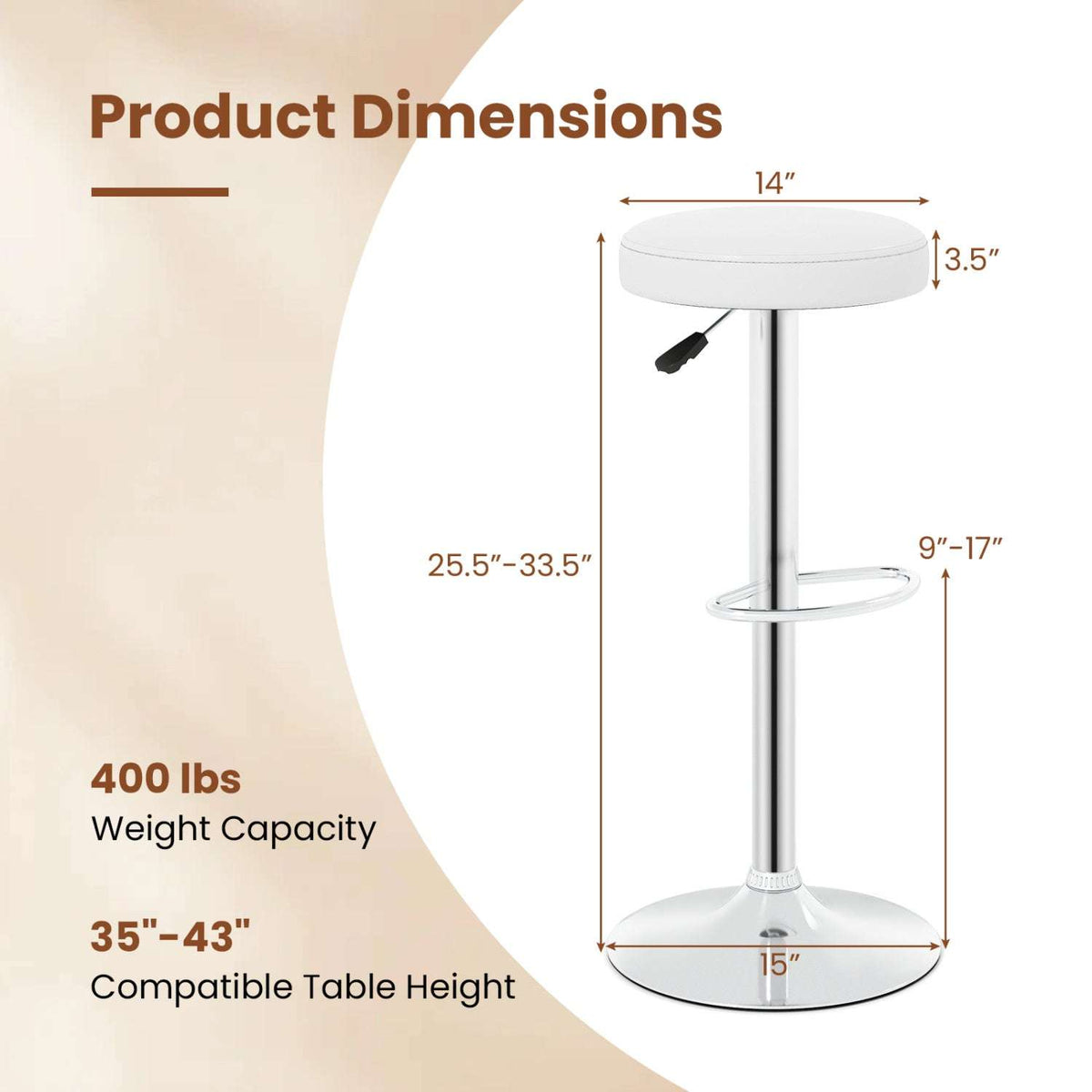 Adjustable swivel bar stool with white round seat, chrome base and footrest; dimensions shown.