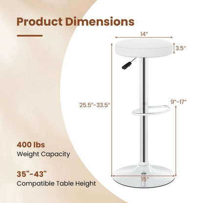 Adjustable swivel bar stool with white round seat, chrome base and footrest; dimensions shown.