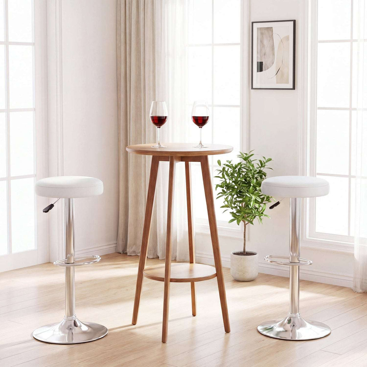 White adjustable swivel bar stools with round seats, chrome bases and footrests.