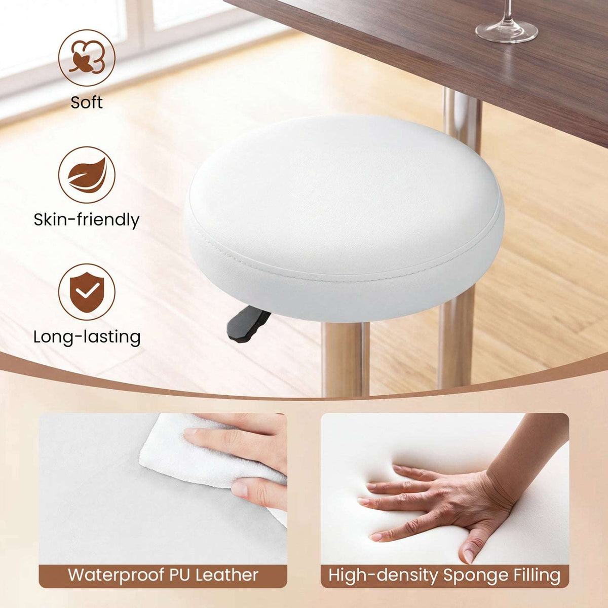 White bar stool seat with stitched edge and height lever; close-up highlights padded PU leather.