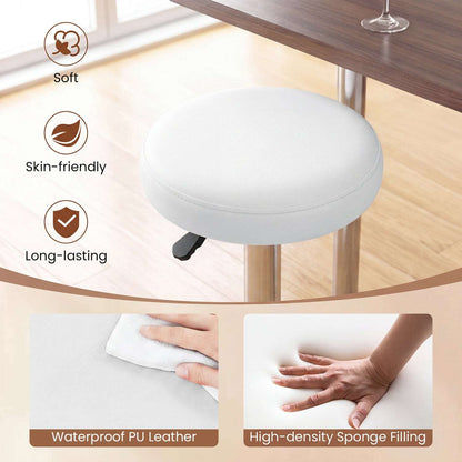 White bar stool seat with stitched edge and height lever; close-up highlights padded PU leather.